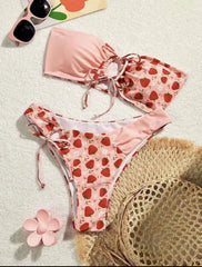 cute pink strawberry bandeau bikinis Sets two pieces bow bathing suit wear thong bikini swimsuits