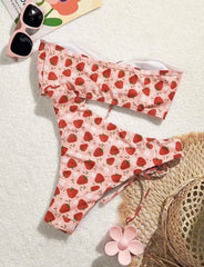 cute pink strawberry bandeau bikinis Sets two pieces bow bathing suit wear thong bikini swimsuits
