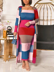 Ribbed Knitted Striped Dress Coat Set
