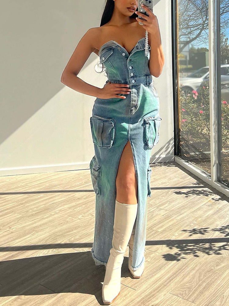 Iridescent Denim Cargo Dresses