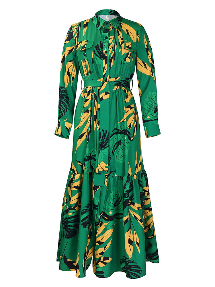 Leaf Print Ruffle Hem Dresses