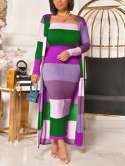 Ribbed Knitted Striped Dress Coat Set