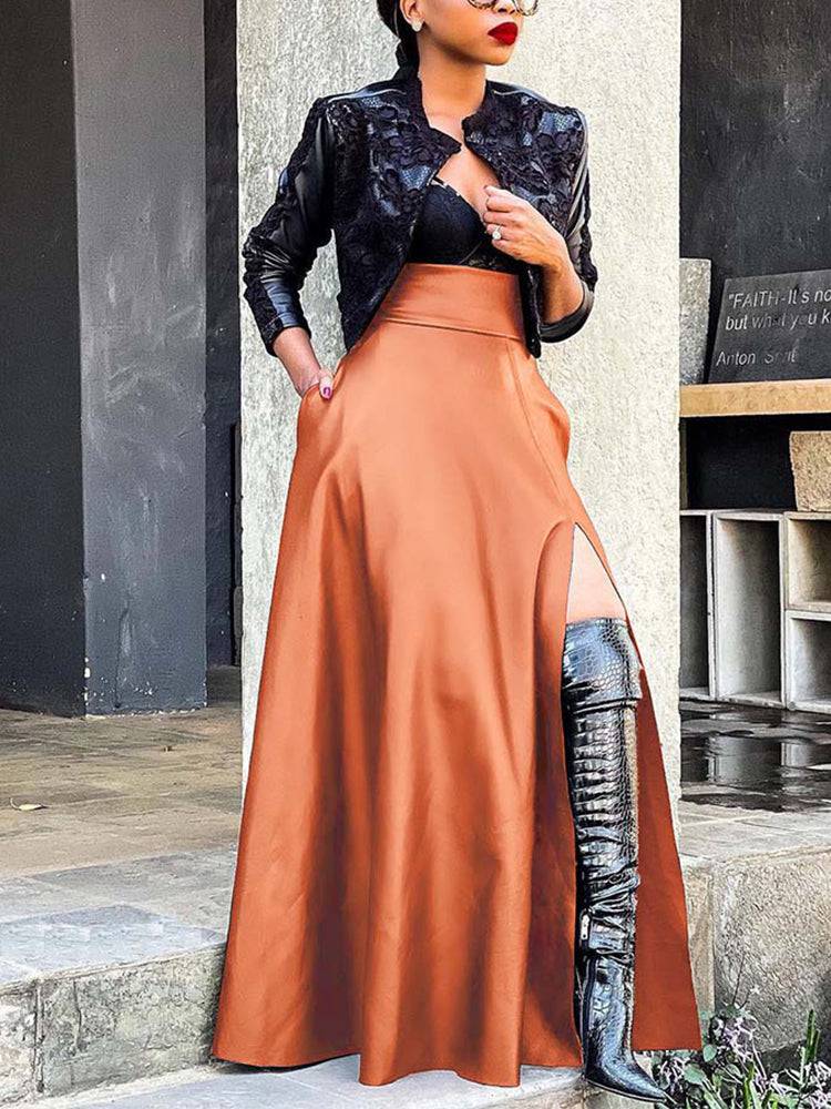 High Waist Side Slit PU Skirts