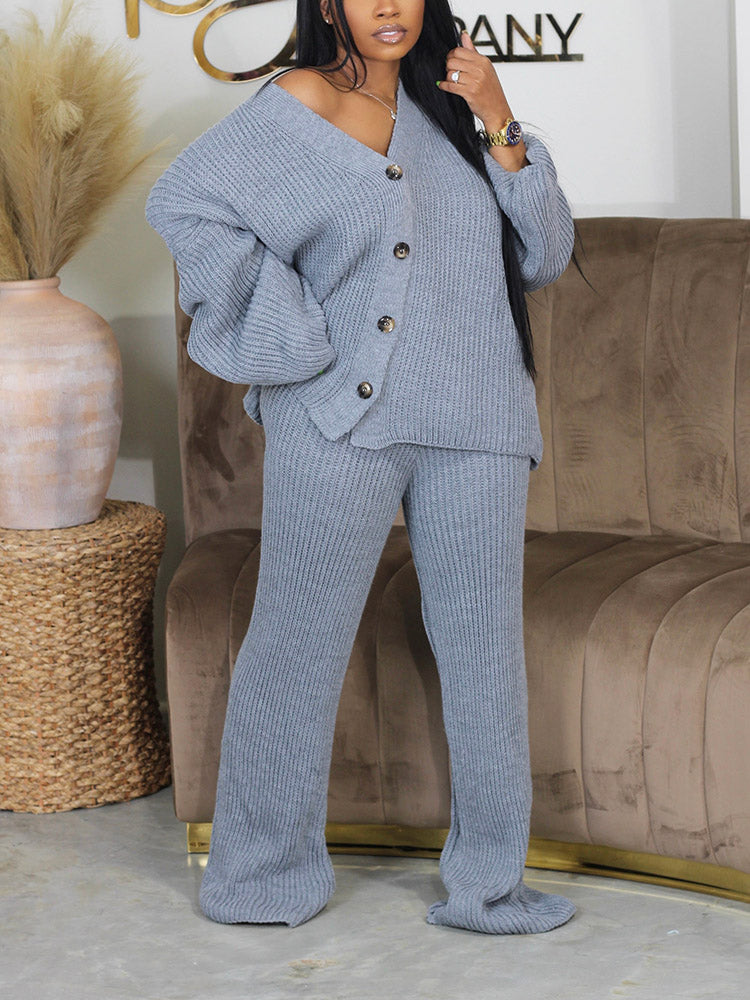 Knit Button Cardigan  Wide Pants Set