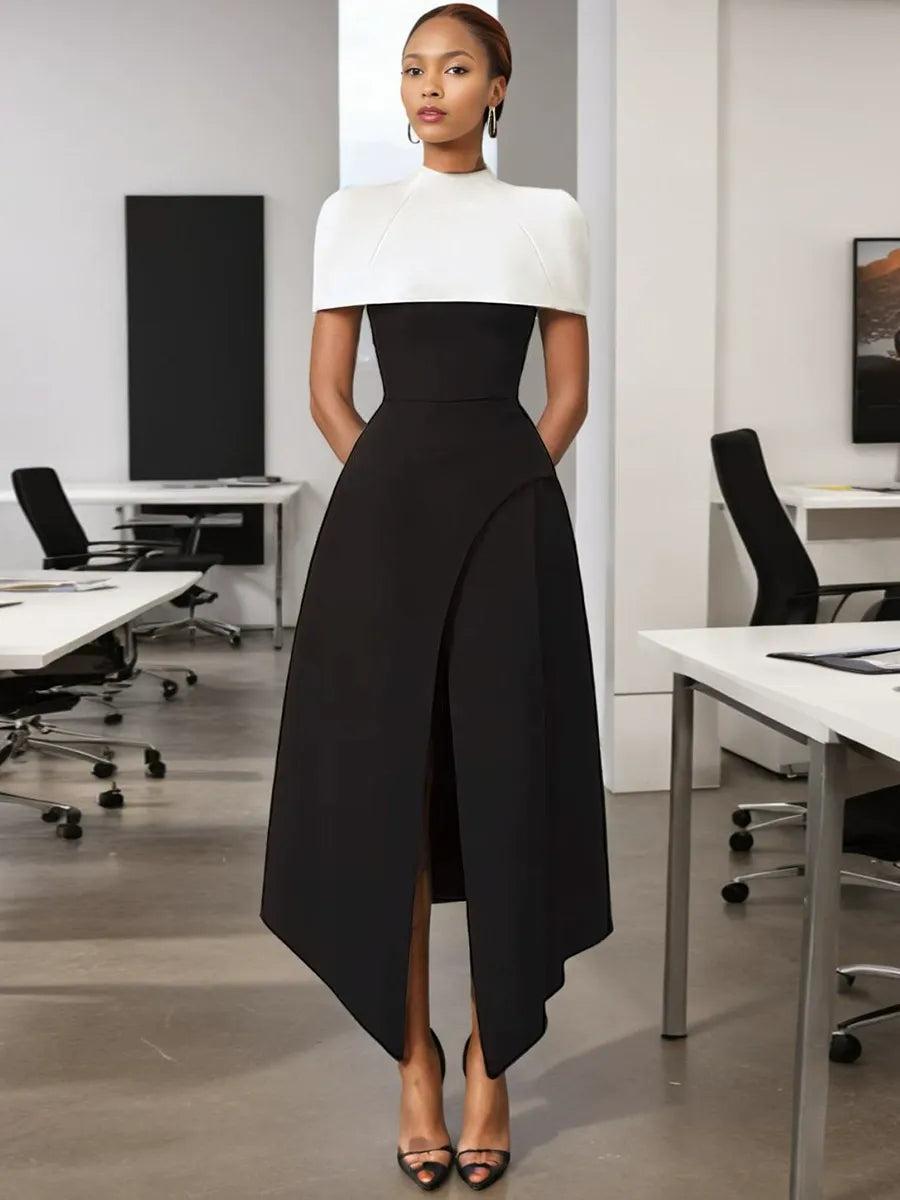 Folded Collar Midi Dress With Tie
