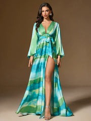 Robe longue imprimée à volants et col licou 