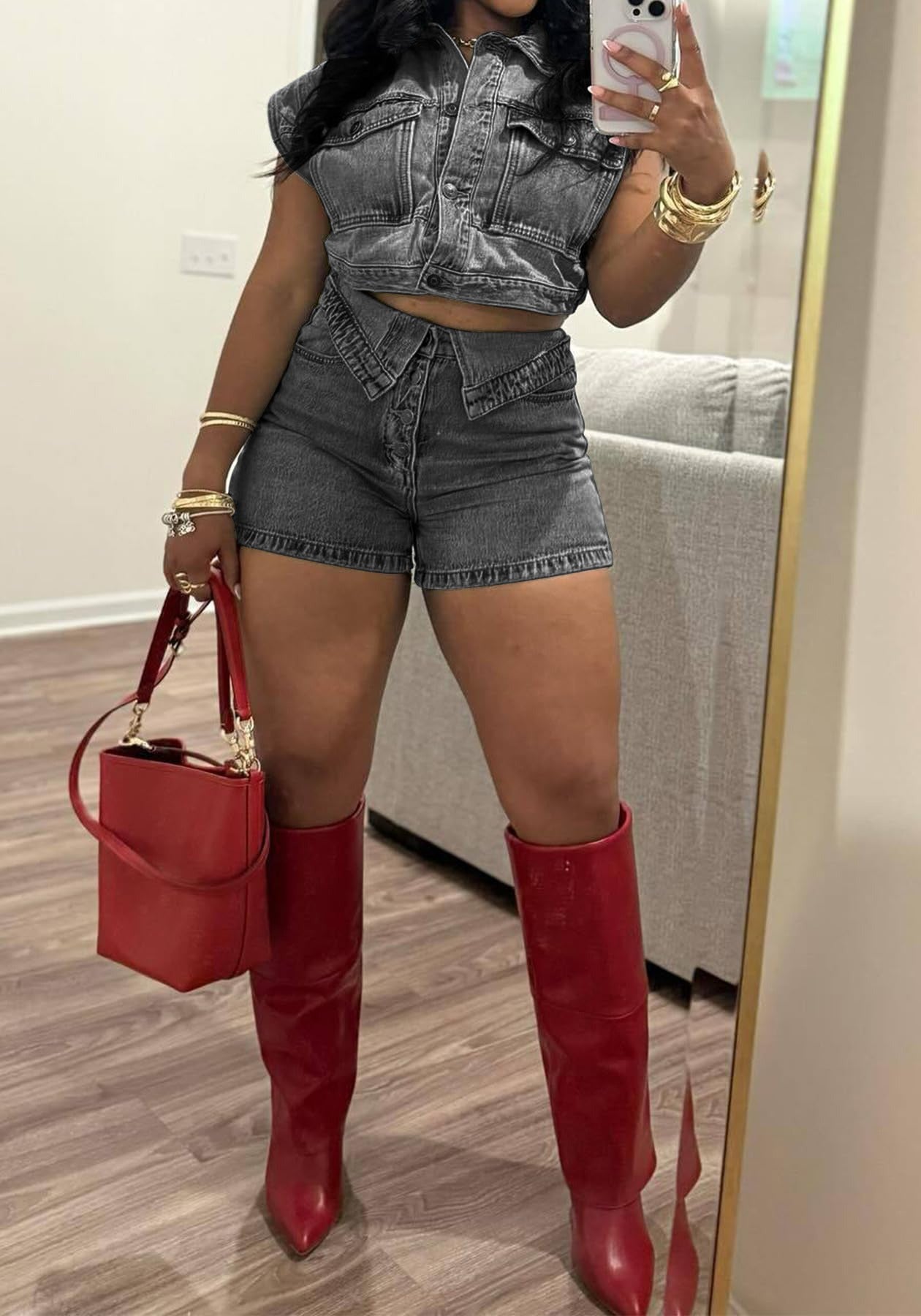 Lace-Up Denim Shorts Set