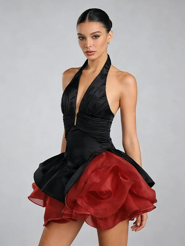 Plunge Neck Flower Mini Dress