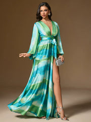 Robe longue imprimée à volants et col licou 