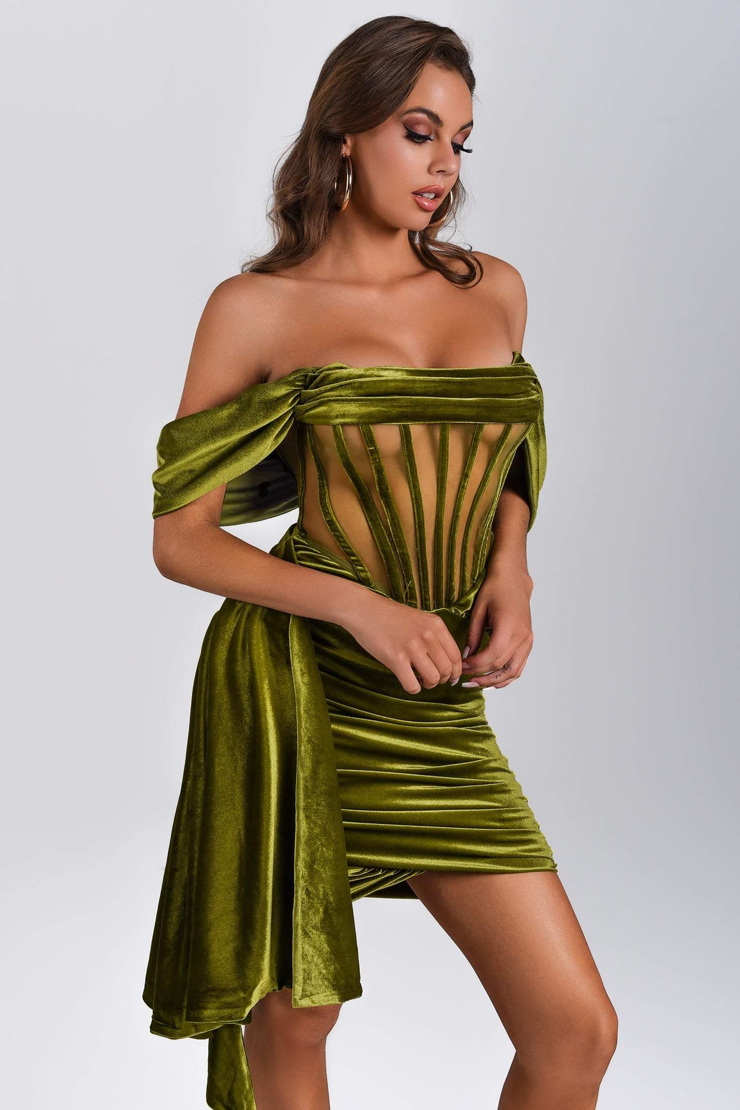 Velvet Corset Mini Dress - Green