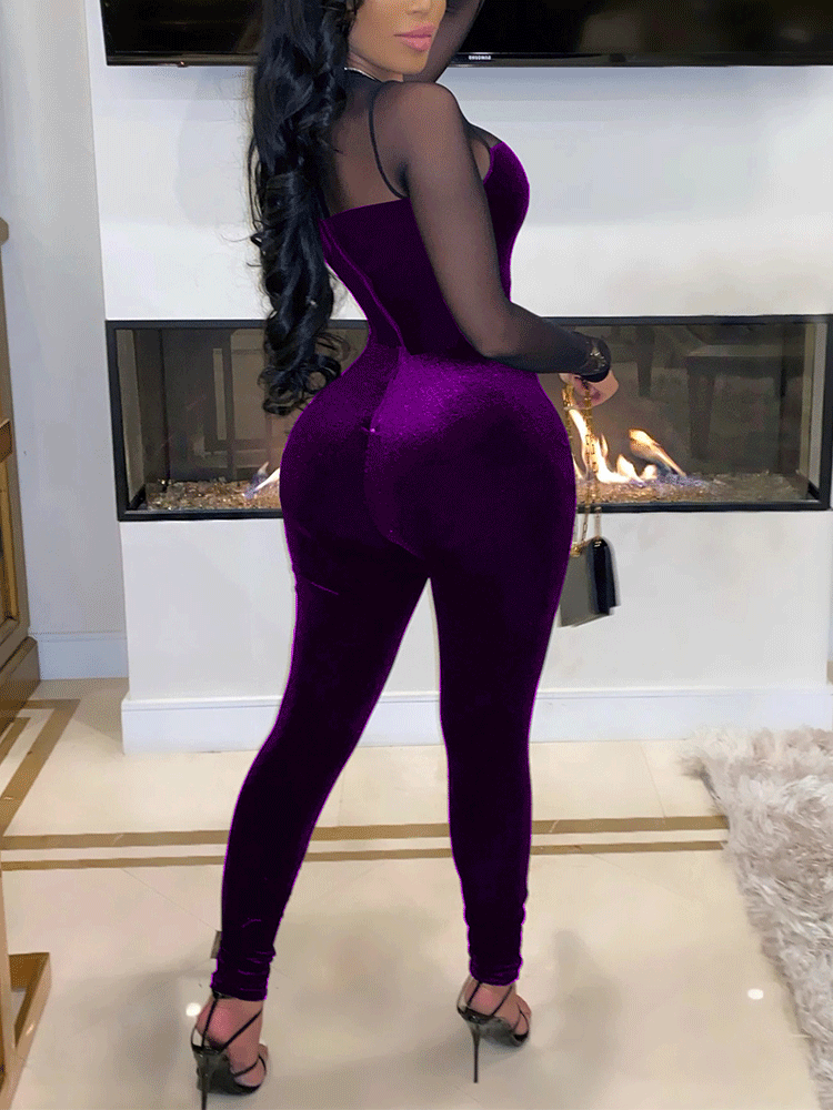 Velvet Mesh Patchwork Zipper Jumpsuits