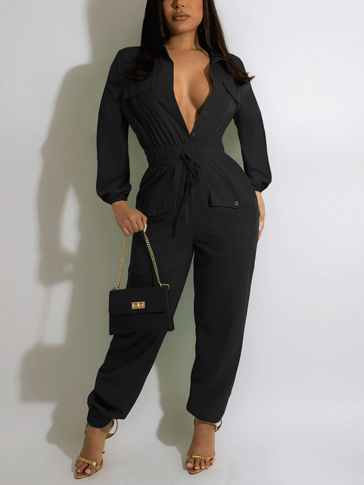 V Neck Long Sleeve Solid Jumpsuits