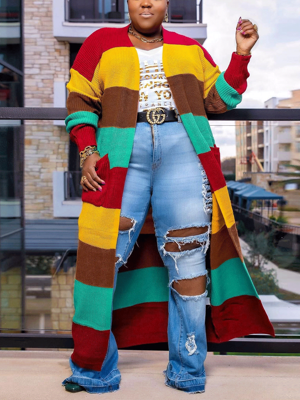 Knitted Multicolor Colorblock Cardigans