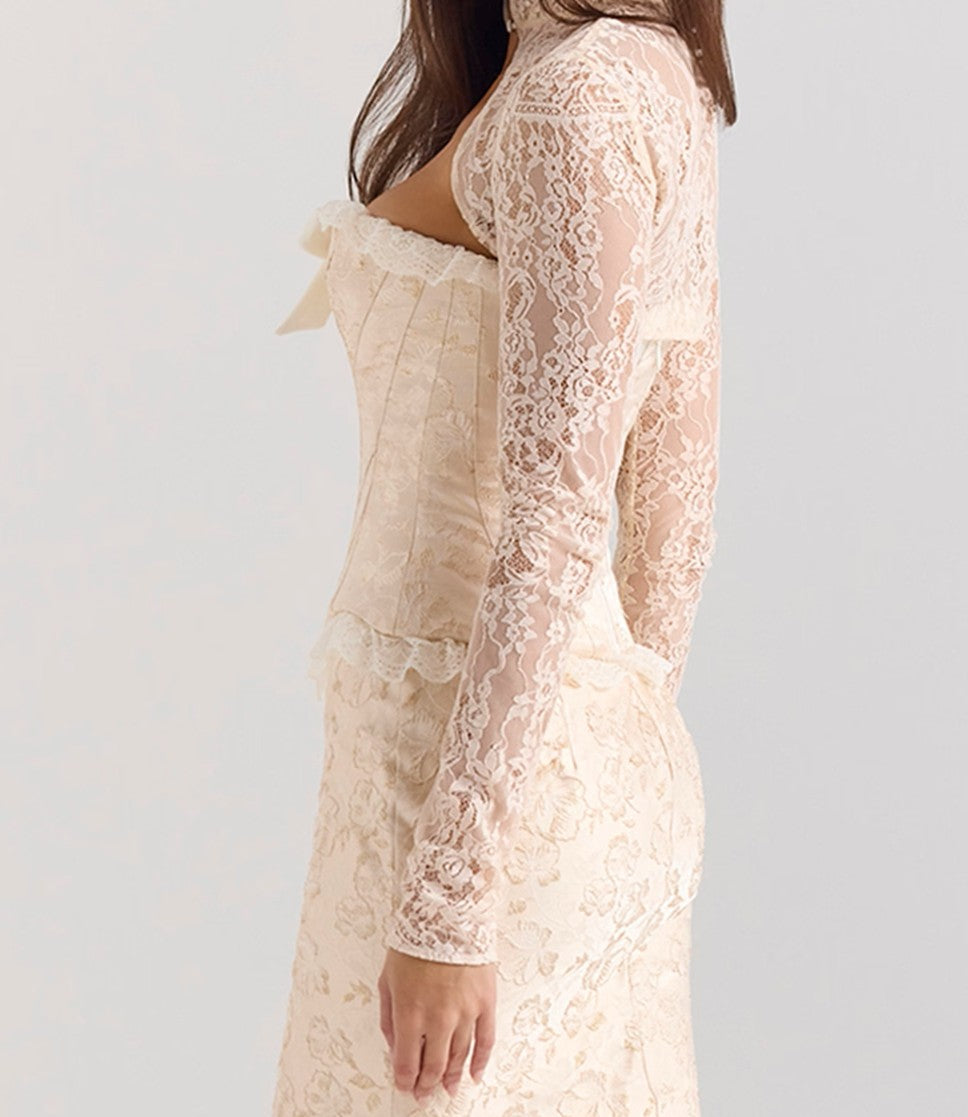 Corset, boléro et jupe maxi en jacquard métallisé