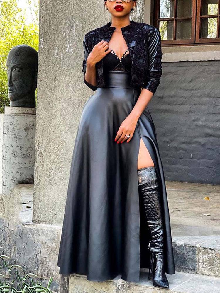 High Waist Side Slit PU Skirts