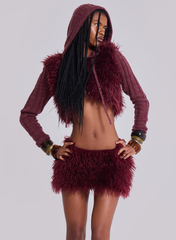 Fashion Vibrant Burgundy Fuzzy Two Piece Outfit