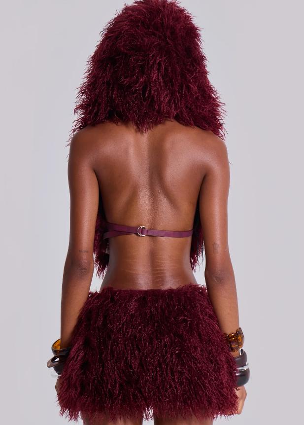 Fashion Vibrant Burgundy Fuzzy Two Piece Outfit