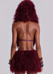 Fashion Vibrant Burgundy Fuzzy Two Piece Outfit