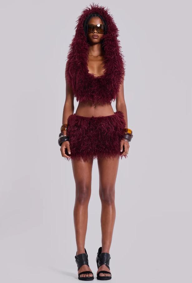 Fashion Vibrant Burgundy Fuzzy Two Piece Outfit