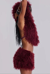 Fashion Vibrant Burgundy Fuzzy Two Piece Outfit