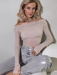 Haut décontracté en maille transparente à épaules dénudées 