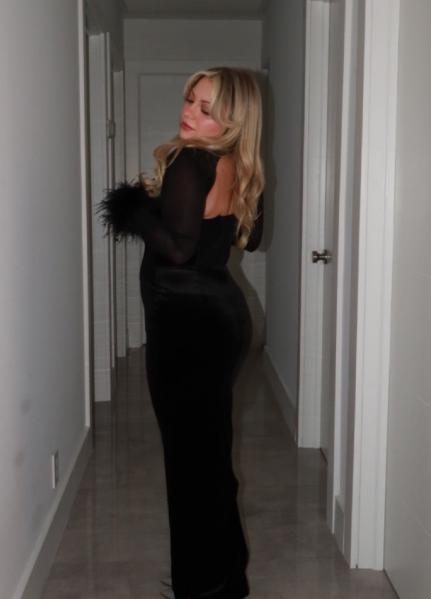 Evening Feather-Decorated Velvet Maxi Dress