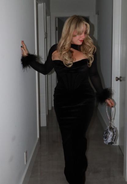 Evening Feather-Decorated Velvet Maxi Dress