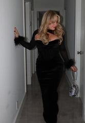 Evening Feather-Decorated Velvet Maxi Dress