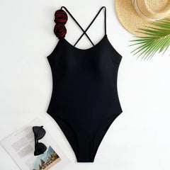 3D flower back tie swimsuit one piece bikini thong swimwears biquini bathing solid black color