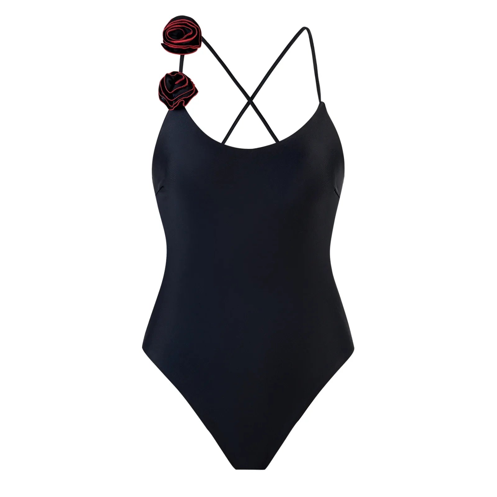 3D flower back tie swimsuit one piece bikini thong swimwears biquini bathing solid black color
