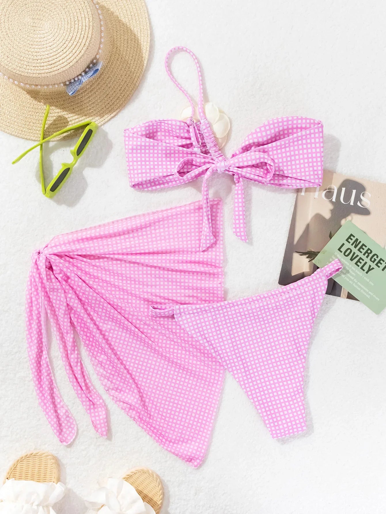 3D flower pink plaid bandeau bikinis Sets 3pcs with cover mesh swimsuit bathing suit biquini tankini