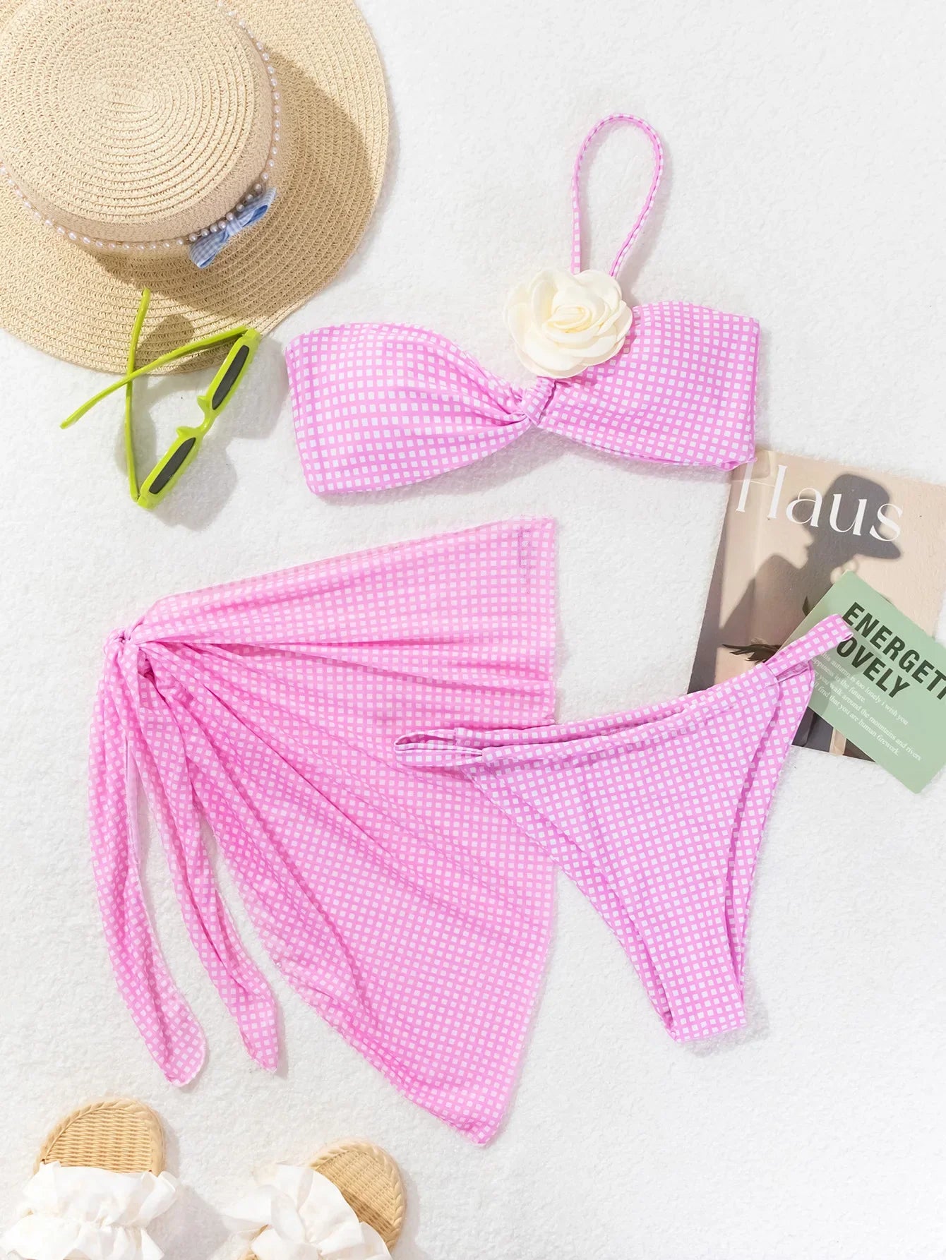 3D flower pink plaid bandeau bikinis Sets 3pcs with cover mesh swimsuit bathing suit biquini tankini
