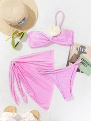 3D flower pink plaid bandeau bikinis Sets 3pcs with cover mesh swimsuit bathing suit biquini tankini