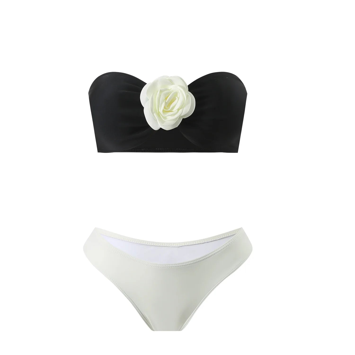 3d flower bandeau bikinis Sets 3pcs with long mesh split black white patchwork swimsuit bathing suit
