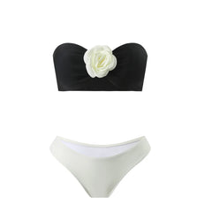 3d flower bandeau bikinis Sets 3pcs with long mesh split black white patchwork swimsuit bathing suit