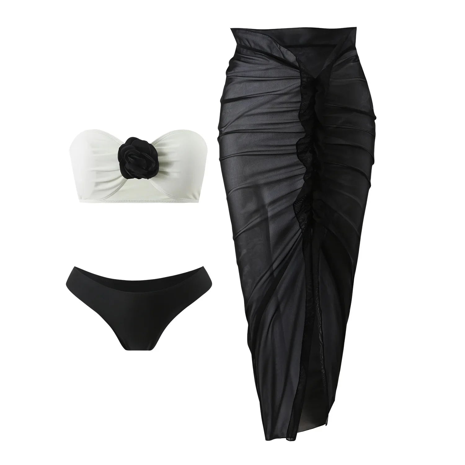 3d flower bandeau bikinis Sets 3pcs with long mesh split black white patchwork swimsuit bathing suit