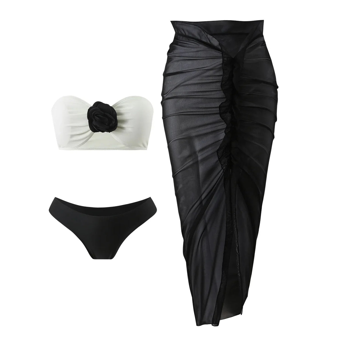 3d flower bandeau bikinis Sets 3pcs with long mesh split black white patchwork swimsuit bathing suit