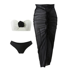 3d flower bandeau bikinis Sets 3pcs with long mesh split black white patchwork swimsuit bathing suit