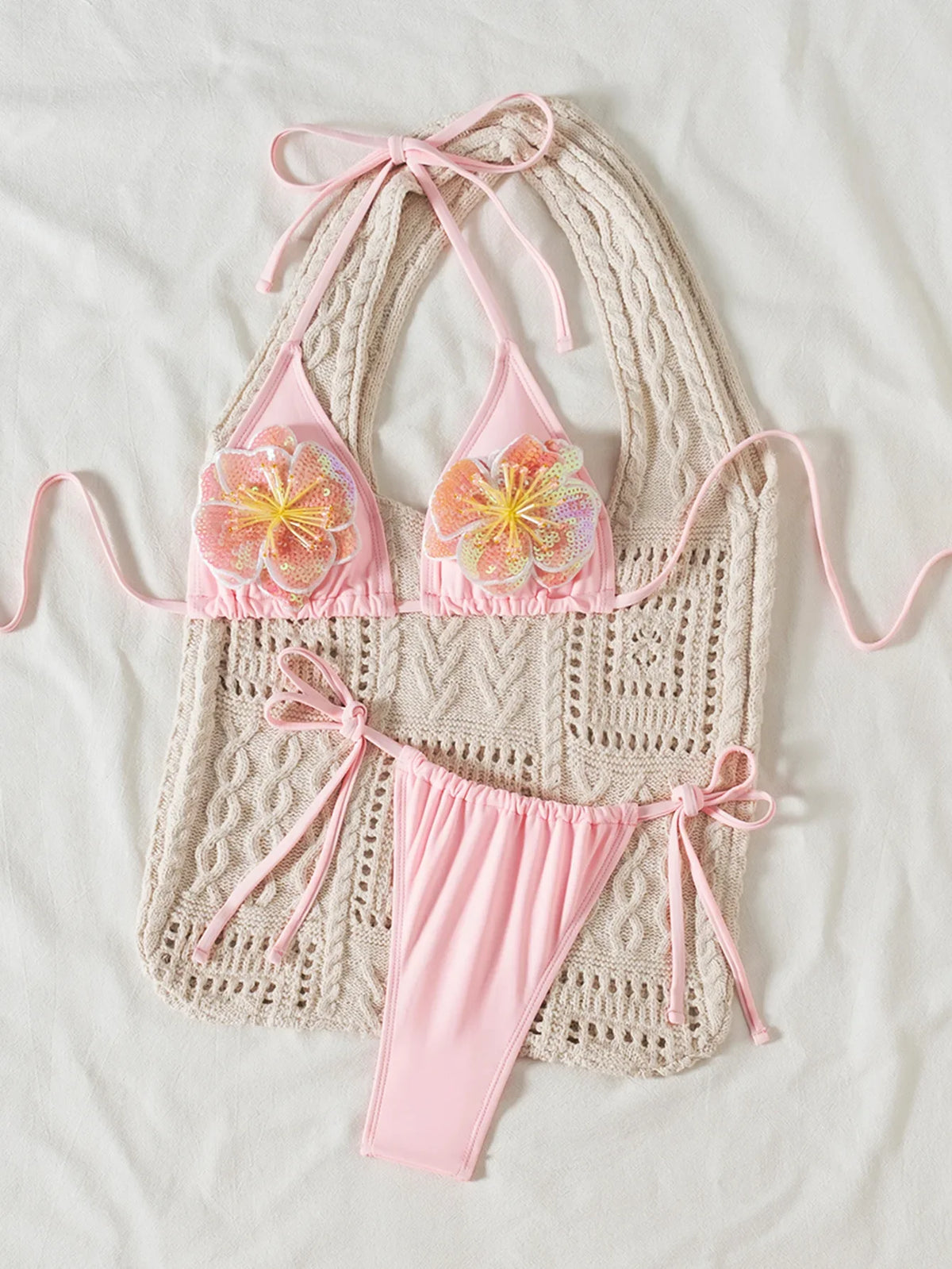 3d sequine flower pink bikinis Sets two pieces swimsuits halter tie thong Swimwear Biquini conjunto de bikini tankini
