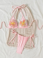 3d sequine flower pink bikinis Sets two pieces swimsuits halter tie thong Swimwear Biquini conjunto de bikini tankini