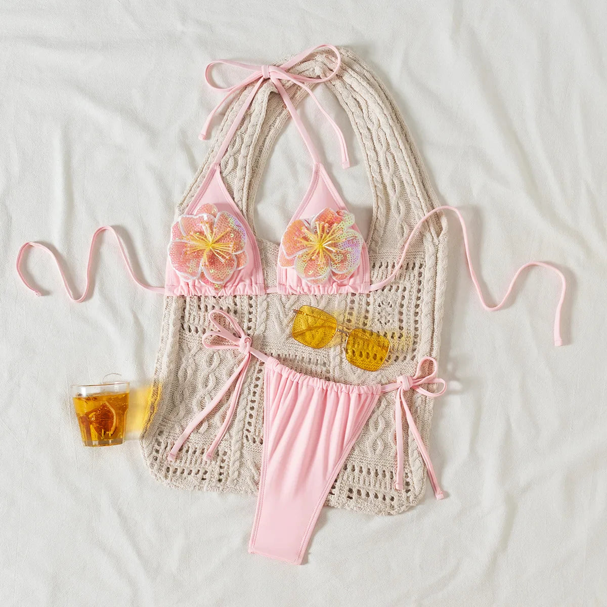 3d sequine flower pink bikinis Sets two pieces swimsuits halter tie thong Swimwear Biquini conjunto de bikini tankini