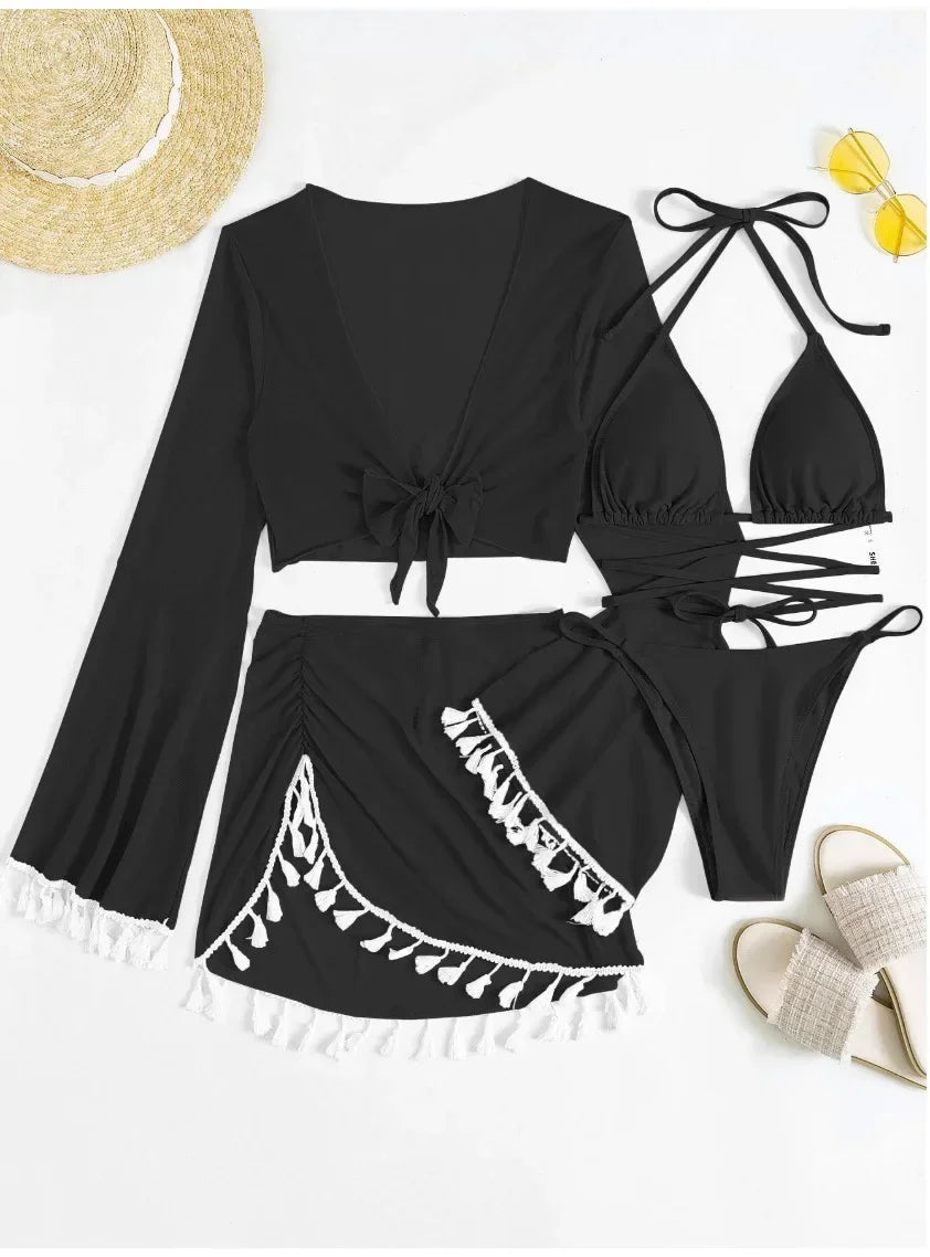 4pcs boho tassels trim bikinis Sets ladies bikini Set +cover up topswear bathing suit biquini monokini