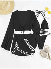 4pcs boho tassels trim bikinis Sets ladies bikini Set +cover up topswear bathing suit biquini monokini