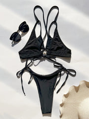 black ribbed cross bikinis Sets two pieces pearl tie thong swimsuit bathingwear biquini bakini tankini