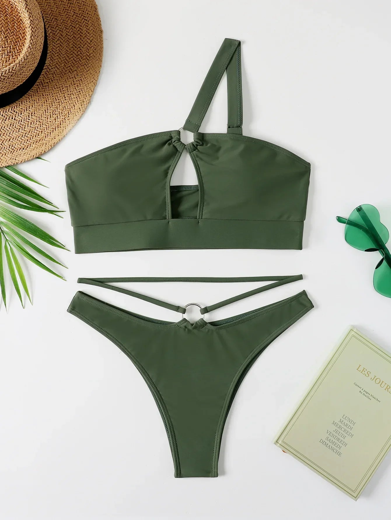 cut out one shoulder Bikini Set swimsuit Metal Ring bikini hollow out swimwear biquini tankini mujer