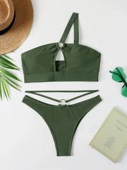 cut out one shoulder Bikini Set swimsuit Metal Ring bikini hollow out swimwear biquini tankini mujer