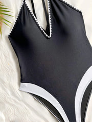 deep v-neck swimsuit one piece black white patchwork bikinis backless hollow bikini thong bathing Swimwear Biquini