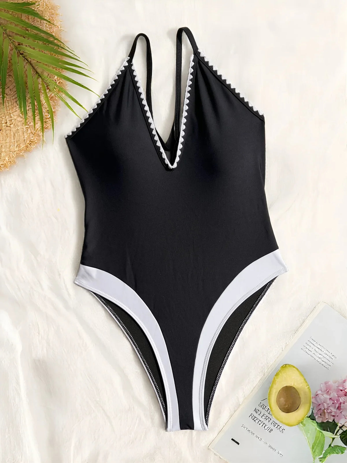 deep v-neck swimsuit one piece black white patchwork bikinis backless hollow bikini thong bathing Swimwear Biquini