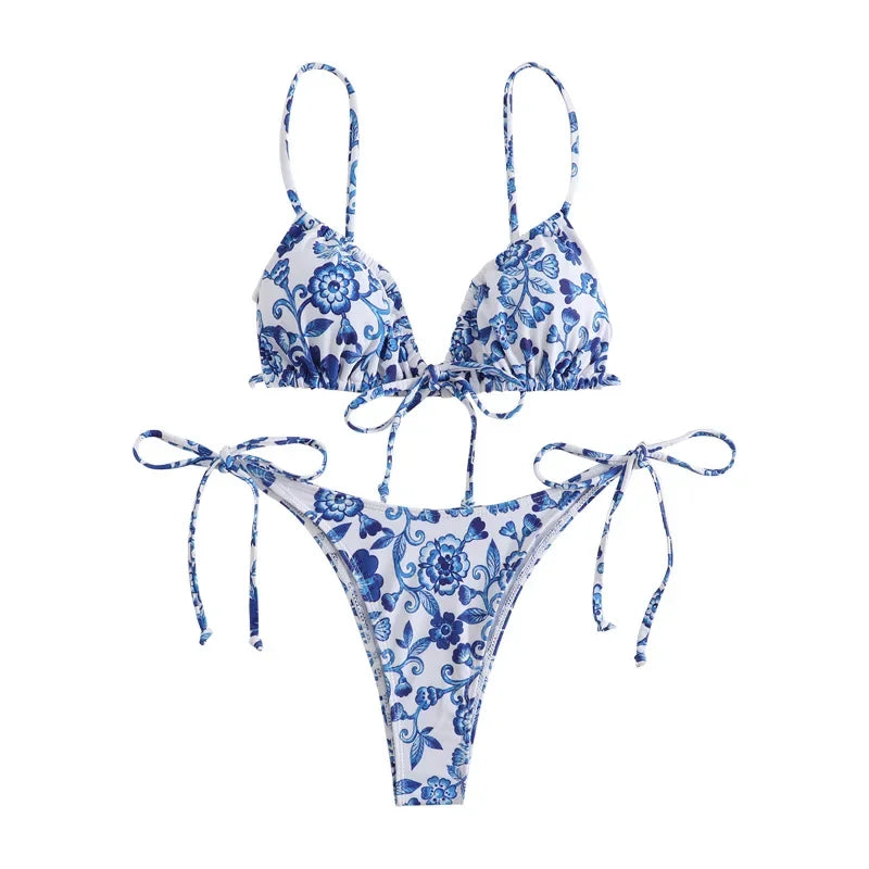 floral print micro bikini blue and white porcelain Bikini swimsuit biquini thong bikini Set bathing