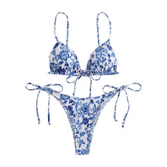 floral print micro bikini blue and white porcelain Bikini swimsuit biquini thong bikini Set bathing